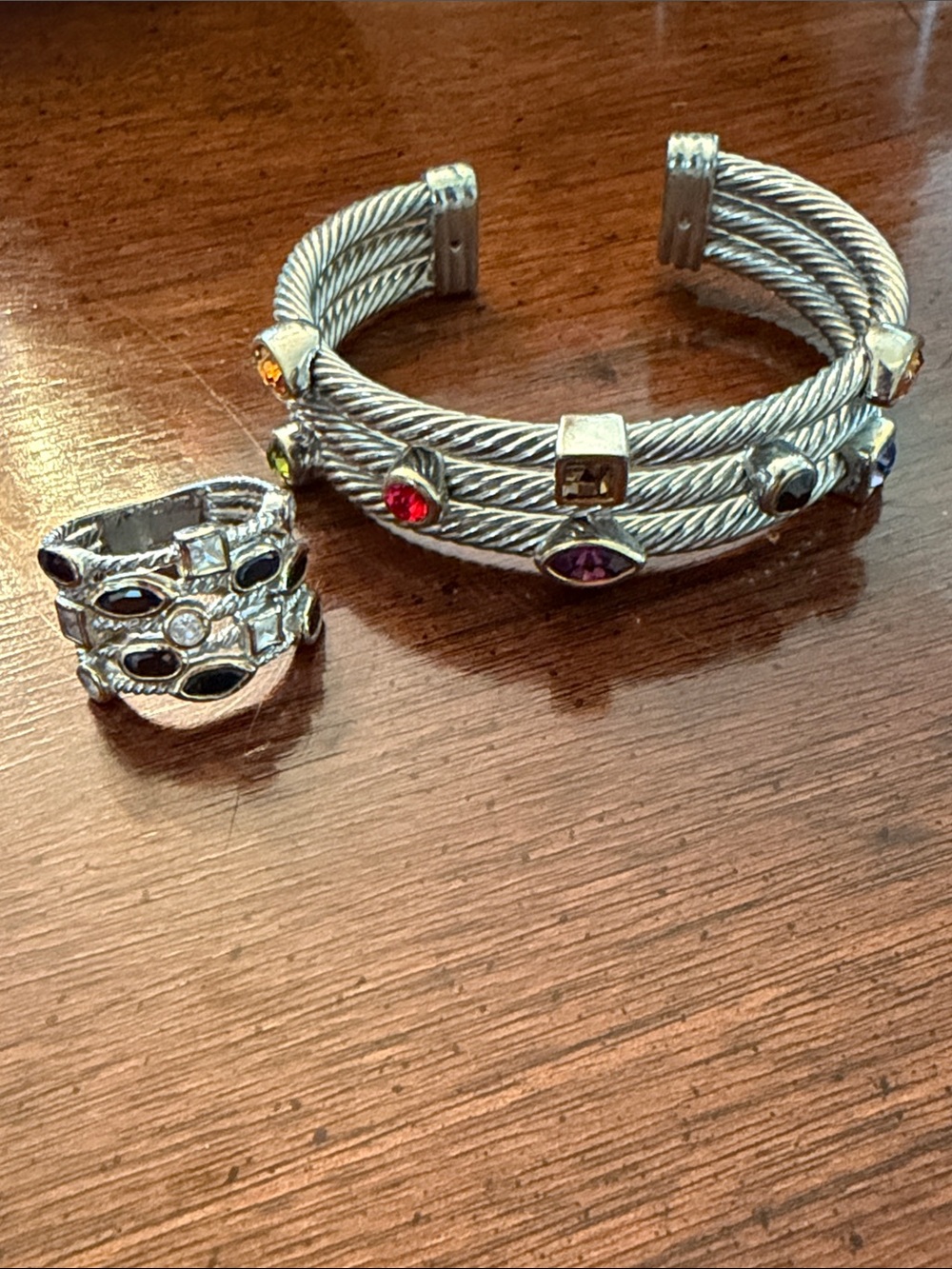 Multicolor Stone Silver-Tone Cable Cuff Bracelet & Ring Set